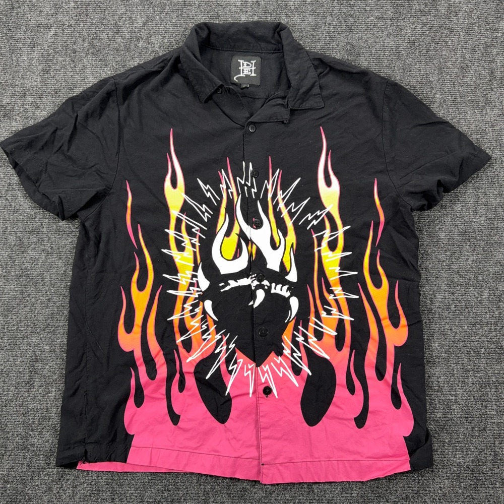 Ed Hardy Tattoo Flame Graphic Button Up Shirt Short Sleeve Large Black Pink